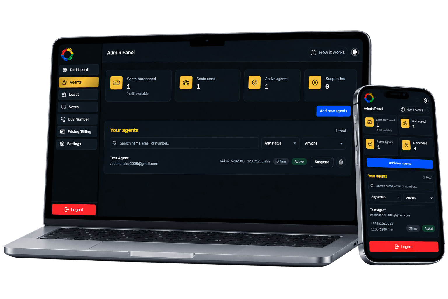 ReachCalls admin panel list of agents, with seats in use and a button to add new agents