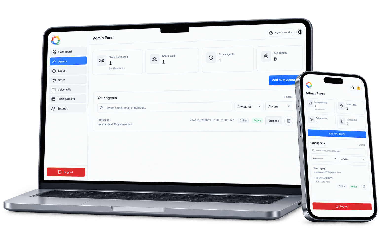 ReachCalls admin panel list of agents, with seats in use and a button to add new agents