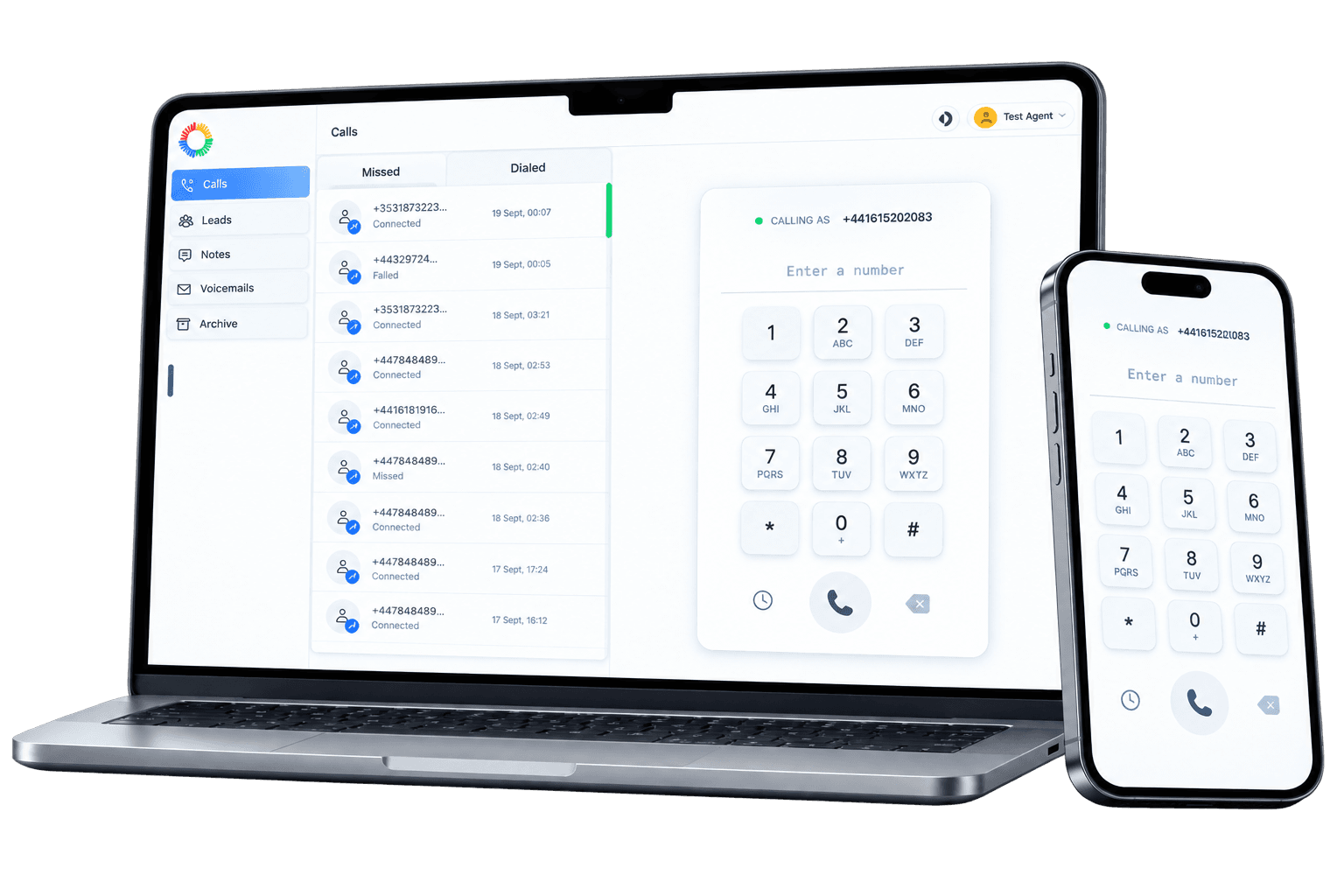 ReachCalls agent dial pad on a laptop and a phone, with recent calls to UK and Ireland numbers
