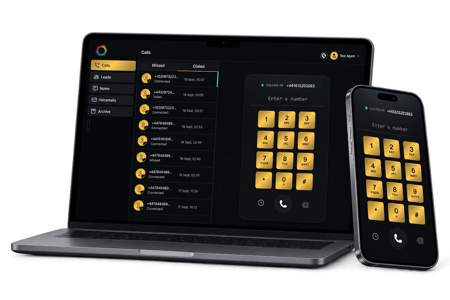 ReachCalls on a laptop and a phone: the call list beside the dial pad